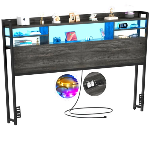 Aheaplus Headboard for King Size Bed with Storage, Headboards with LED Light, Power Outlets, USB Ports King Size Head Board, Wood headboard Only Sturdy and Stable Headboards, Modern, Black Oak