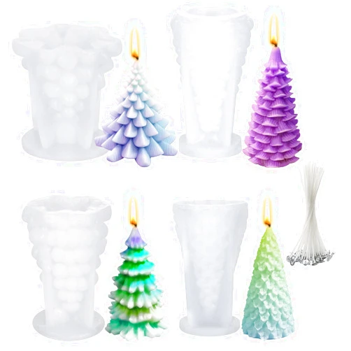 TOPIST Christmas Tree Silicone Mold, 4PCS 3D Candle Molds for Candle Making, Tree Shaped Silicone Epoxy Resin Mold with 100 Pcs Candle Wicks for DIY, Wax, Candle, Soap, Art Craft, Home Décor