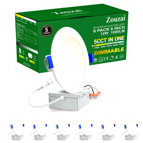 zouzai 6 Pack 6 Inch 5CCT Ultra-Thin LED Recessed Ceiling Light with Junction Box, 2700K/3000K/3500K/4000K/5000K Selectable, 12W Eqv 110W,Dimmable, led can Lights- ETL and Energy Star Certified