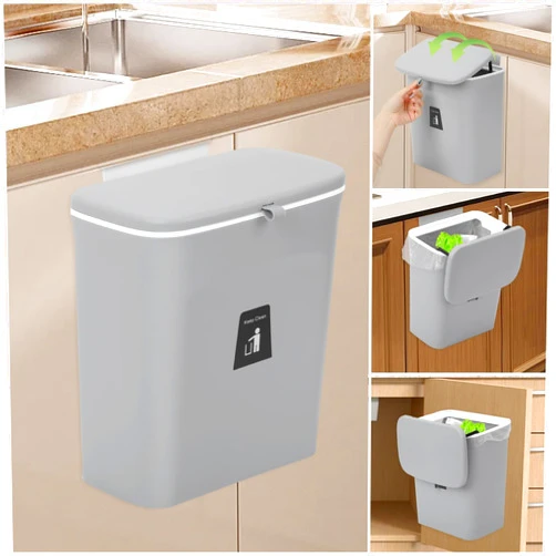MUGYPYR Compost Bin for Kitchen -2.4 Gallons/9L Trash Can for Under Sink,Hanging Small Trash Can with Lid for Bathroom/Bedroom, Indoor Compost Bucket (Grey)