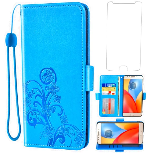 Asuwish Compatible with Moto E4 Plus Wallet Case and Tempered Glass Screen Protector Flip Wrist Strap Credit Card Holder Cell Phone Cover for Motorola E Plus 4th Generation MotoE4 4E + E4+ E4Plus Blue