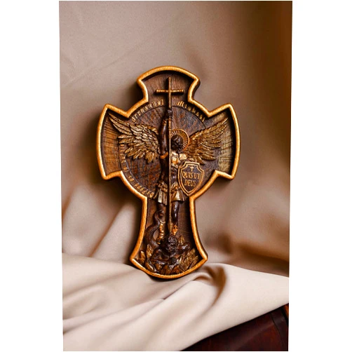 Kozakworkshop Archangel Michael in the Cross - Wall Hanging Wooden Carved Home Decor - Personalized - All Sizes - Any Occasion Christian Gift Idea