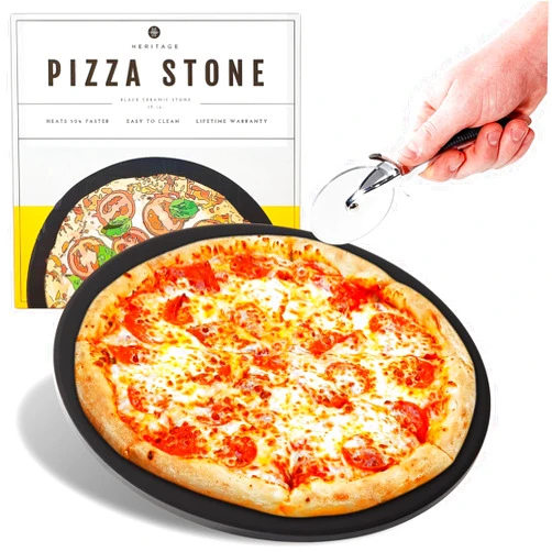 Heritage Products Heritage Pizza Stone, 15 inch Ceramic Baking Stones for Oven Use - Non Stick, No Stain Pan & Cutter Set for Gas, BBQ & Grill - Kitchen Accessories & Housewarming Gifts with Bonus Pizza Wheel - Black