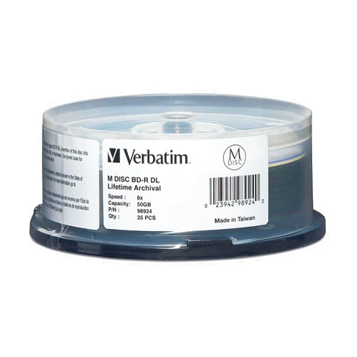 Verbatim M DISC BD-R DL 50GB 8X with Branded Surface Blank Blu-Ray Recordable Media – 25pk Spindle,White