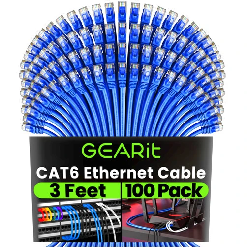 GEARit Cat 6 Ethernet Cable (100-Pack 3 Feet) Cat6 Network Patch, 10Gbps, RJ45, Snagless Cord, Gold-Plated Connectors, Internet for PC, TV, Tablet, Router, Printer, Servers, IT Data Center - Blue