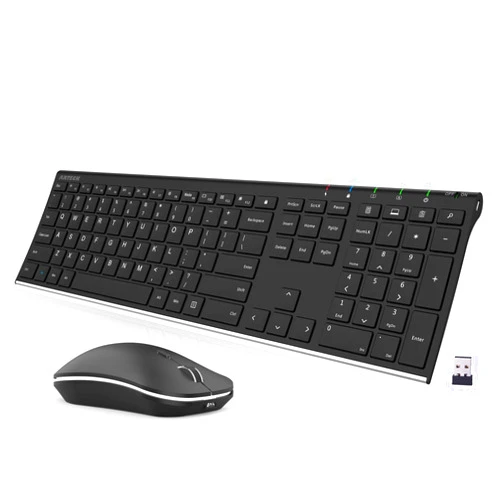 Arteck 2.4G Wireless Keyboard and Mouse Combo Stainless Steel Ultra Slim Full Size Keyboard and Ergonomic Mice for Computer Desktop PC Laptop and Windows 11/10/8 Build in Rechargeable Battery
