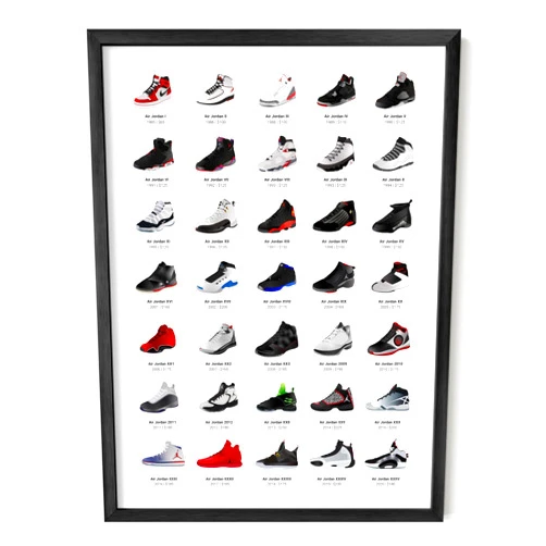 HAUS AND HUES Sneaker Posters for Guys - Michael Jordan Shoes Poster, Sneaker Wall Art Cool Posters for Guys Bedroom, Dope Prints Sneakerhead Room Decor, Cool Art (Black Aluminum Frame, 12x16)