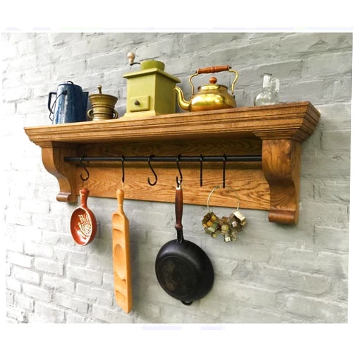 Ecowood Kyiv Solid oak kitchen shelf with rail and hooks. Hanging pan rack with shelf. Hanging rail. Untensil rail. Kitchen rail. 19th century style.