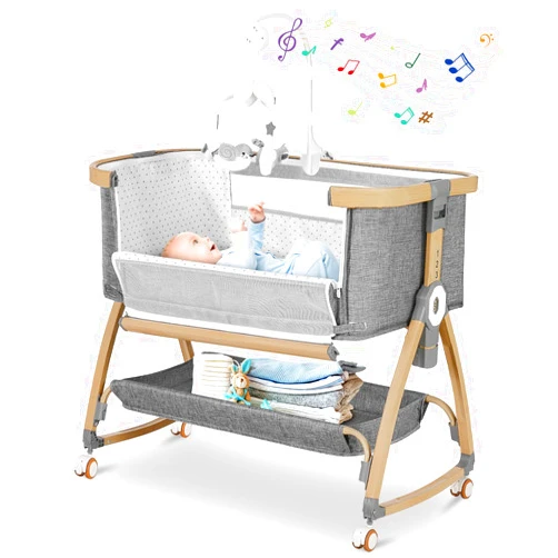 IUVKIMOM Baby Bassinets Bedside Sleeper,3 in 1 Bedside Bassinet for Baby,Rocking Bassinet for Baby with Mattress,Mobile,Mosquito Net,Storage Basket,Height Adjustable Bassinet with Wheels for Newborn Infants