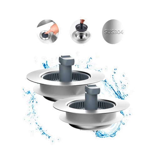 Hibbent Upgraded 2 Pack 3 in 1 Kitchen Sink Drain Strainer and Stopper Combo, Stainless Steel Metal Pop Up Sink Stopper, Anti-Clogging Basket with Foldable Handle for US Standard 3-1/2 Inch Drain