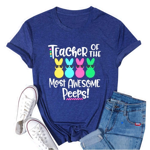 MNLYBABY Easter Teacher Shirt Women Teacher of The Most Awesome Peeps Shirt Cute Easter Day Peeps T-Shirt