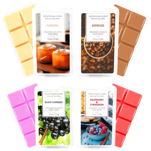 SCENTORINI Wax Melts, Scented Soy Wax Melts, Candle Wax Cubes, 4x2.5 oz, 4 Scents of Caramel, Espresso, Black Currant, Raspberry & Cinnamon, Coffee Wax Melts