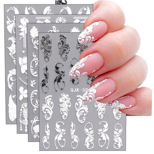 JMEOWIO 3D Embossed Black White Flower Nail Art Stickers Decals Self-Adhesive Pegatinas Uñas 5D Leaves Line Nail Supplies Nail Art Design Decoration Accessories 4 Sheets