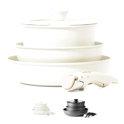 CAROTE Nonstick Cookware Sets, Non Stick Pots and Pans Set Detachable Handle, Kitchen Cookware Sets with Removable Handle, Stackable RV Cookware for Campers, Oven Safe (White 5 PCS)