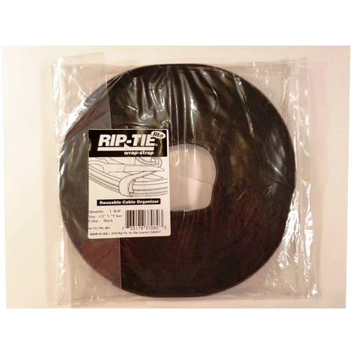 Rip-Tie Hook-and-Loop Cable Tie Roll,75 ft,Black