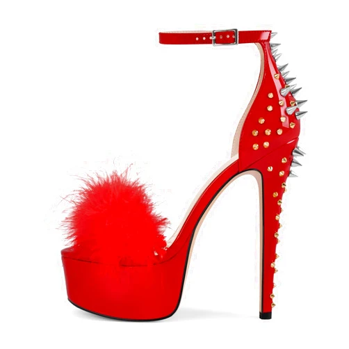 VERISSON Women's Open Toe Fluffy Furry Single Band Buckle Strappy Platform Sandals Rivets Studded Stiletto High Heels Pump Sandals for Dressing Party Wearing