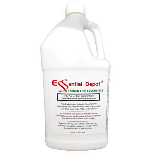 Essential Depot 10 lbs Bottle Food Grade Sodium Hydroxide Lye Evenly-Sized Micro Pels (Beads or Particles) - Lye Drain Cleaner - HDPE Container with Resealable Child Resistant Cap and Handle