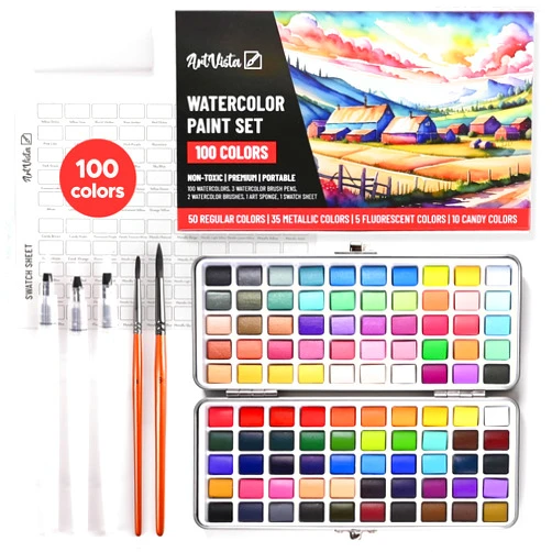 Art Vista Watercolor Paint Set with 100 Bright Colors: for Adult Beginners & Professional with Metallic - Travel Sized Water Color Art Kit Palette