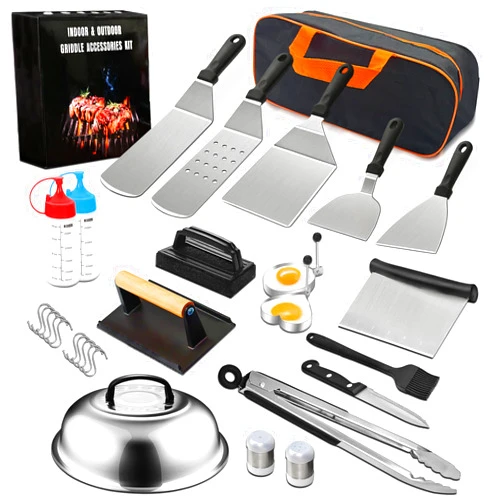 WISIEW 29pcs Blackstone Griddle Accessories Kit, Large Stainless Steel Grill Accessories Set for Blackstone and Camp Chef, Grill Spatula Set with Enlarged Spatulas, Scraper, Tongs for Outdoor Barbecue