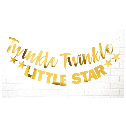 Inkdotpot Twinkle Twinkle Little Star Pre-Assembled Cursive Bunting Flags Metallic Gold Baby Shower Decor Gender Reveal Bunting Banner
