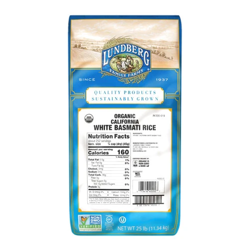 Lundberg Family Farms - Organic California White Basmati Rice, Pleasant Aroma, Fluffy Texture, Won't Clump When Cooked, Bulk Rice, Gluten-Free, Non-GMO, USDA Certified Organic, Vegan, Kosher (25 lb)