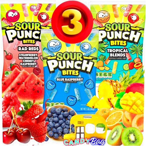 Think Candy (PACK OF 3) Sour Punch Bites Straws 5oz Each Bag - Unique Variety Pack Rad Reds, Blue Raspberry, Tropical Blends - Blue Raspberry, Raspberry, Watermelon, Cherry, Strawberry, Strawberry Kiwi, Pineapple Orange, Peach Mango - Assorted Flavors - Chewy, Gummy, Sweet & Sour Candy - Come With One Resealable Candies ZipBag by Think Candy (All Flavors)