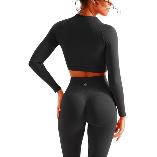 SUUKSESS Women 2 Piece Workout Sets Hidden Scrunch Butt Lifting Seamless Leggings Long Sleeve Yoga Crop Tops