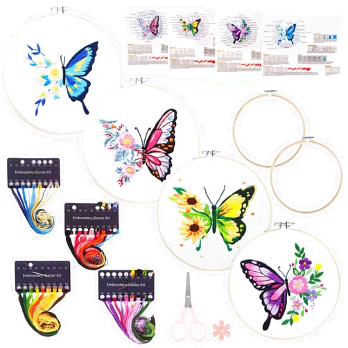 Genround Embroidery Kit for Beginners,Cross Stitch Kits Set,Floral Butterfly Pattern Needlepoint Kits,4 Sets Hand Embroidery Kit for Craft Lover Hand Stitch,Embroidery Starter Kits for Adults Beginners
