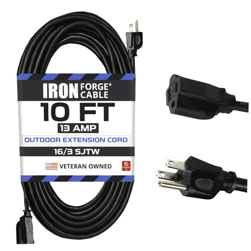 Iron Forge Cable Weatherproof Outdoor Extension Cord 10 ft, 16/3 SJTW Heavy Duty Black Extension Cord 3 Prong, 13 Amp Exterior Power Cable for Outdoor Lights, Lawn & Landscaping - US Veteran Owned