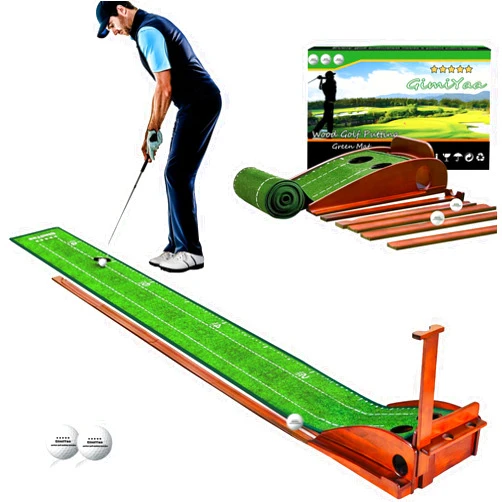 GimiYaa Golf Putting mat Green Indoor and Outdoor with Auto Ball Return,Game Practice Golf Gifts for Home, Office, Backyard Indoor Golf and Outdoor Use, Crystal Velvet Mat and Solid Wood Base