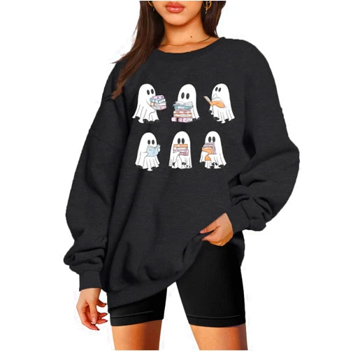 UNIQUEONE Halloween Sweatshirts for Women Ghost Reading Books Sweater Cute Spooky Bookish Shirt Fall Pullover Tops