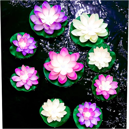 Hortsun 9 Pack Floating Pool Lights Lotus Flower Lantern Artificial Foam LED Lifelike Pool Lights Battery Operated Pond Lantern Pond Decoration(3.94 Inch, 5.91 Inch,Pink, White, Purple)