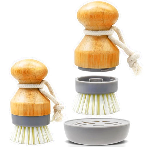 RIMAY Bamboo Dish Palm Brush with Holder - 2 Pack RIMAY Wooden Replaceable Cleaning Scrub Brushes Washing Scrubber Set Kitchen Wood Dishwashing Tool for Pots,Pans,Counter&Sink