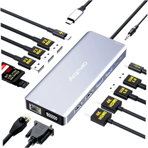 Argmao USB C Laptop Docking Station, 14 in 1 Type C Hub with 3 Monitors, Dual HDMI, VGA, PD, Ethernet, SD/TF, USB C/A Ports, Mic/Audio, Multiport Adapter Dongle Compatible for MacBook/Dell/HP/Lenovo Laptops