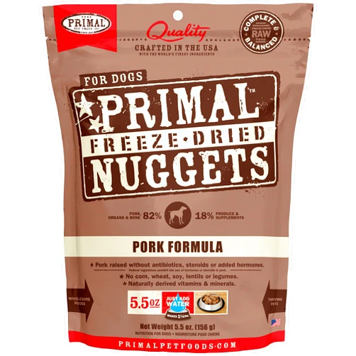 Primal Pet Foods Primal Freeze Dried Dog Food Nuggets, Pork; Complete & Balanced Meal; Also Use as Topper or Treat; Premium, Healthy, Grain Free, High Protein Raw Dog Food, 5.5 oz