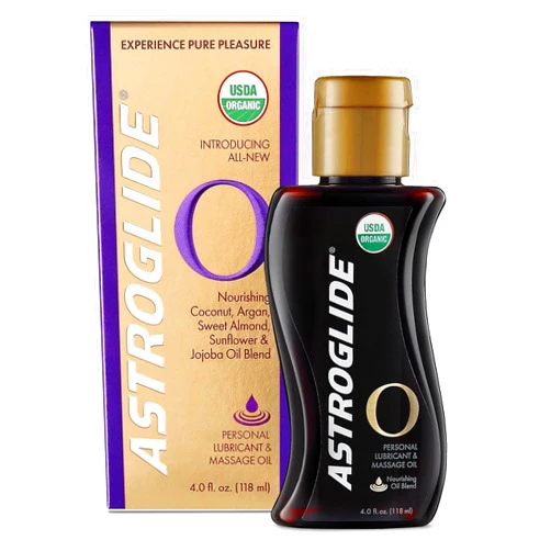 Astroglide Sensual Massage Oil and Lube (4oz), O Organic Essential Oil Based Hydrating Personal Lubricant, USDA Certified Organic