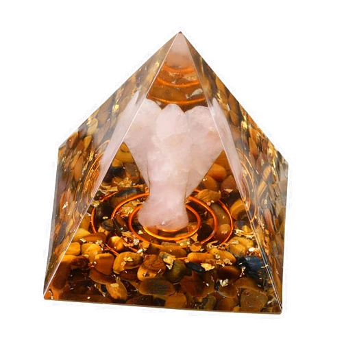 mookaitedecor Tiger's Eye Crystal Orgone Pyramid with Rose Quartz Guardian Angel and Tumbled Stones Orgonite Energy Generator for Protection Reiki Home Decor