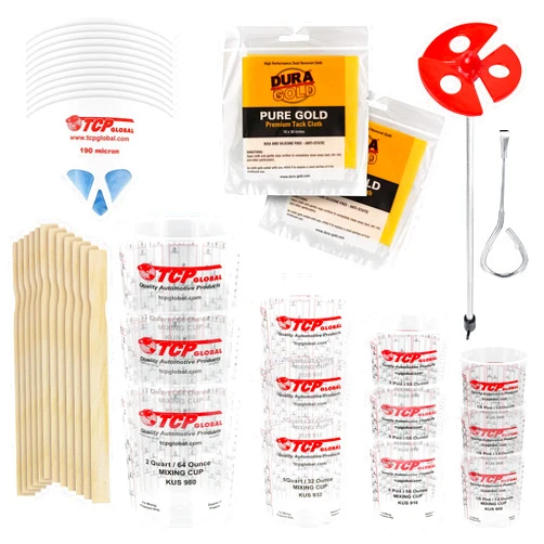 Pouring Masters Ultimate Paint Mixing Cup Kit - 12 Plastic Graduated Mixing Cups, 3 Each of 12, 24, 44, 72 Ounce Sizes - 12 Mixing Sticks, 12 Paint Strainers, 2 Tack Cloths, Mixer Blade, Can Opener