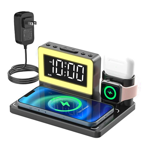 ARUQO 5 in 1 Charging Station for Apple Multiple Devices,Fast Wireless Charging Station with Alarm Clock,7 Color Night Light,for iPhone 16 15 14 13 12 Pro Max & Apple Watch AirPods