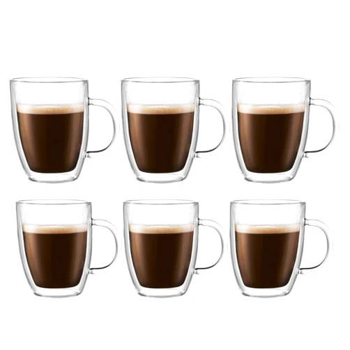 Bodum 10oz Bistro Double Wall Insulated Mug, High-Heat Borosilicate Glass, Set of 6, Clear