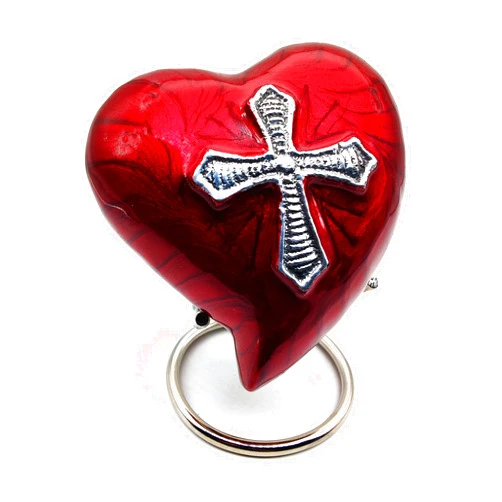 5MOONSUN5 Heart Urn for Human Ashes - RED religious cross Heart Cremation Urn for everyones - Mini Urn with Box & Stand - Heart Shaped Memorial Urn - Small Keepsake Urn Heart - Honor Your Loved One with Urn