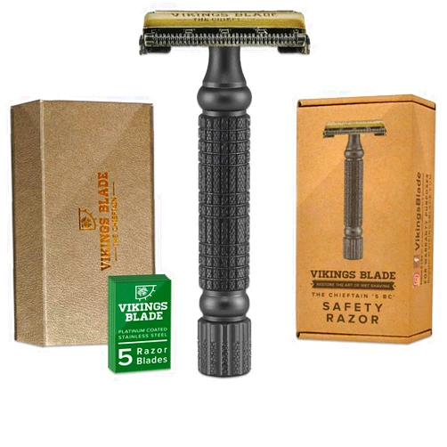 VIKINGS BLADE Double Edge Safety Razor for Men + 5 Swedish Steel Blades + Luxury Case. Smooth, Reusable, Recyclable (Chieftain “5 BC”)