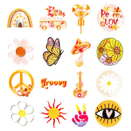 Kirako 16Pcs Groovy Retro Hippie Iron on Patches Sew on Embroidered Applique Cute Daisy Rainbow Peace Sign Decorative Repair Patch Boho Aesthetic DIY Craft Accessories for Clothing Backpack Hat Jacket Jeans