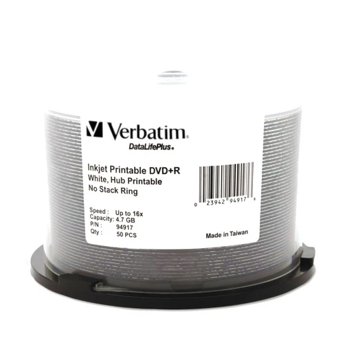 Verbatim DVD+R 4.7GB 16X DataLifePlus White Inkjet Printable, Hub Printable - 50pk Spindle - 94917, White