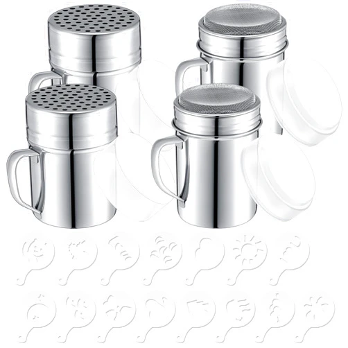 Maxcheck 4 Pcs Stainless Steel Powdered Sugar Shaker Duster 10 oz Pepper Flour Powder Shakers with Handle Lid Cinnamon Shaker for Coffee Bar Coffee Cocoa Dredges with 15 Printing Molds Stencils Baking