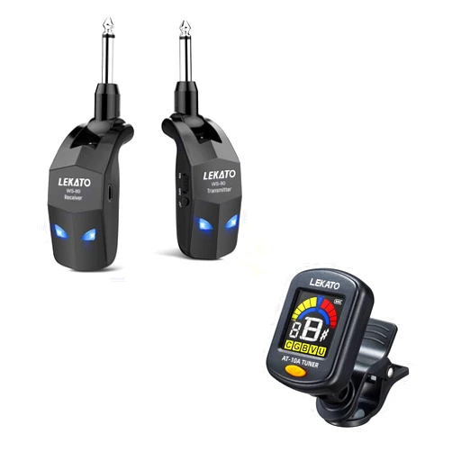 LEKATO 2.4Ghz Wireless Guitar System and Rechargeable Clip On Guitar Tuner