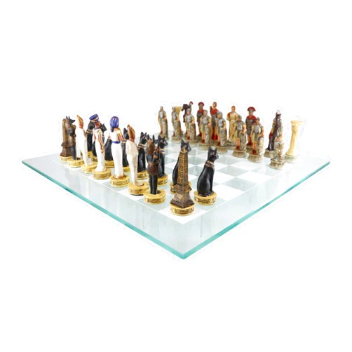 Ebros Gift Historical Themed Chess Set Egyptian Ptolemaic Pharaoh Army VS Augustus Caesar Roman Empire Centurions Resin Sculpted Chess Pieces with Checker Frosted Glass Board Gaming Set