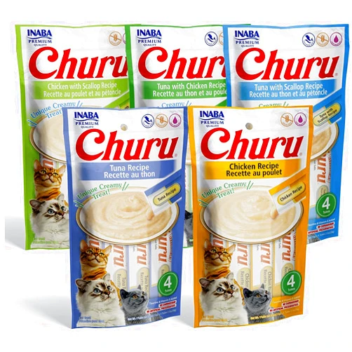 INABA Churu Cat Treats, Grain-Free, Lickable, Squeezable Creamy Purée Cat Treat/Topper with Vitamin E & Taurine 0.5 Ounces Each Tube, 20 Tubes, Tuna & Chicken Variety