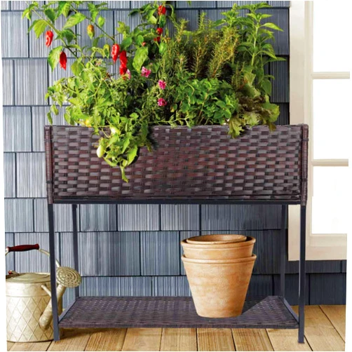 Chonsun Raised Garden Bed - Rattan Raised Bed Wicker Elevated Raised Garden Bed with Underneath Tool Storage Rack Outdoor Raised Planter Box
