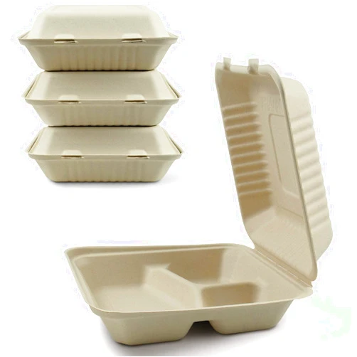 Green Earth, 9-inch, 50-Count, 3-Compartment, Compostable Clamshell, BAM Ware (Bamboo Fiber), Take-Out/to-Go Food Boxes - Biodegradable Containers, Hinged Lid Microwave-Safe Gluten-Free